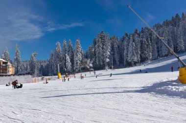 BOROVETS, BULGARIA - 14 Ocak 2022: Bulgaristan 'ın Sofya Bölgesi' ndeki Rila Dağı 'ndaki Borovets kayak merkezinin kış manzarası