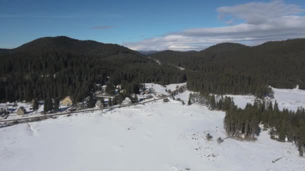 Vue Aérienne Hiver Réservoir Shiroka Polyana Vaste Prairie Recouvert Glace — Video