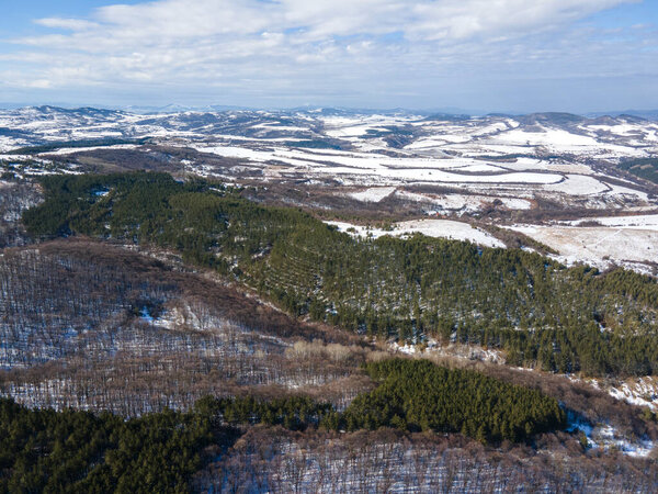 Aerial Winter view of Lyulin Mountain covered with snow, Sofia City Region, Bulgaria
