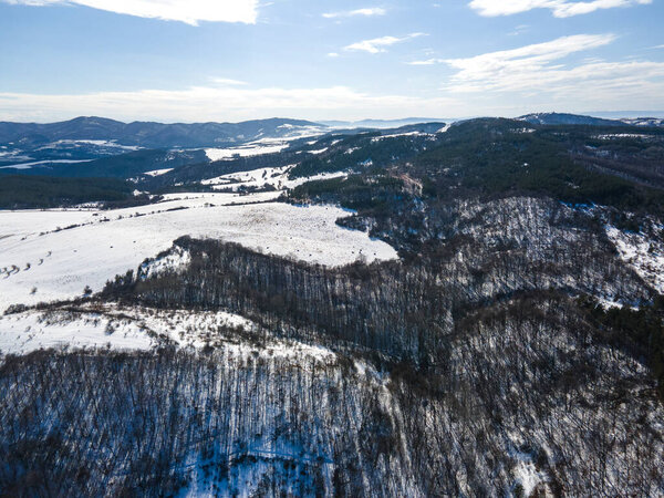 Aerial Winter view of Lyulin Mountain covered with snow, Sofia City Region, Bulgaria