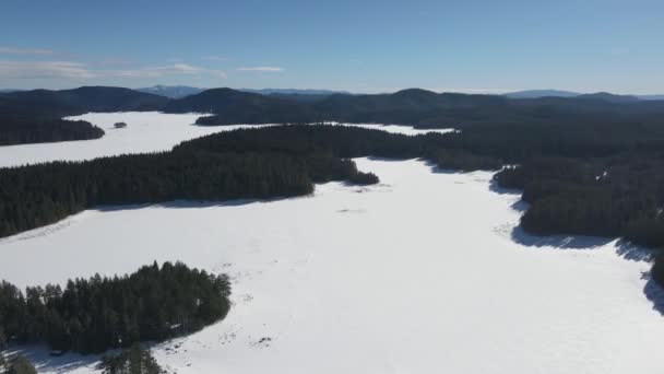 Αεροφωτογραφία Χειμώνα Του Shiroka Polyana Wide Meadow Reservoir Καλύπτονται Πάγο — Αρχείο Βίντεο