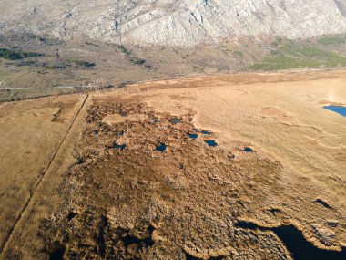 Bulgaristan 'ın Sofya bölgesindeki Dragoman bataklığının havadan sonbahar manzarası