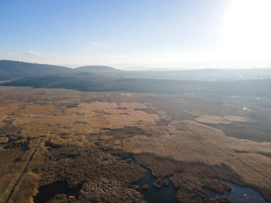 Bulgaristan 'ın Sofya bölgesindeki Dragoman bataklığının havadan sonbahar manzarası