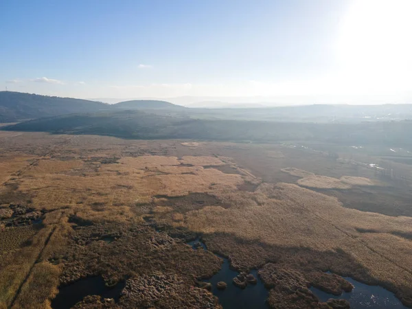 Bulgaristan 'ın Sofya bölgesindeki Dragoman bataklığının havadan sonbahar manzarası