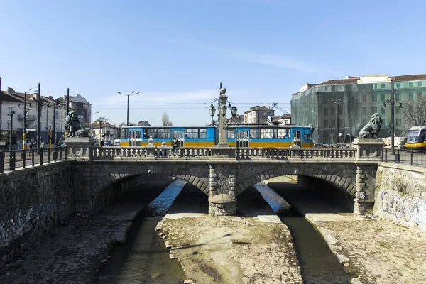 Sofia Bulharsko Februarie 2022 Panorama Lvího Mostu Přes Řeku Vladaju — Stock fotografie