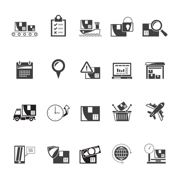 Silhouette cargo, shipping, logistics and transportation icons - vector icon set