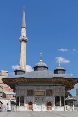 İSTANBUL, TÜRKEYE - 26 Temmuz 2019: İstanbul, Türkiye 'deki Sultan Ahmet Çeşmesi