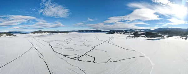 Aerial Winter Panorama Batak Reservoir Covered Ice Pazardzhik Region Bulgaria — Stock Photo, Image