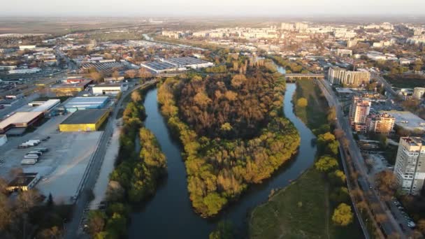 Fantastisk Flygfoto Över Maritsa Floden Och Panorama Till Staden Plovdiv — Stockvideo
