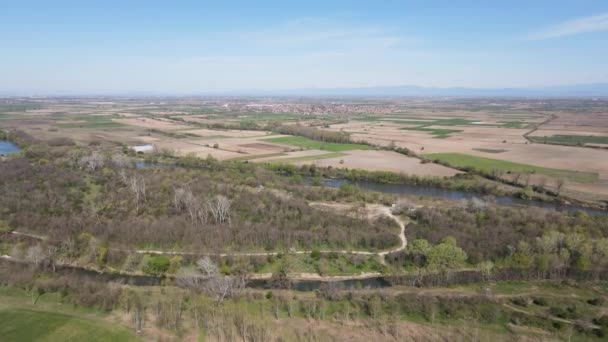 Vista Aérea Del Río Chepelarska Vertiendo Río Maritsa Cerca Ciudad — Vídeos de Stock