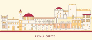 Yunanistan 'ın Kavala kentinin Skyline karikatürü - vektör illüstrasyon