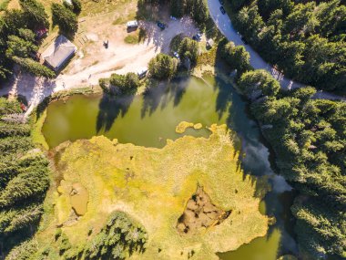 Bulgaristan 'ın Smolyan Bölgesi, Rodop Dağları' ndaki Smolyan göllerinin hava manzarası