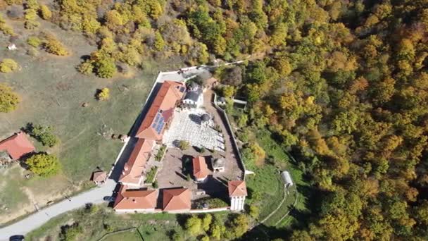 Aerial view of Medieval Tsarnogorski (Gigintsi) monastery St. Kozma and Damyan, Pernik Region, Bulgaria