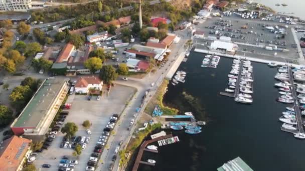 Luchtfoto Zonsondergang Uitzicht Oude Stad Haven Van Sozopol Burgas Regio — Stockvideo