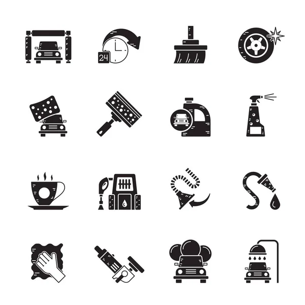 Silhouette Autowäsche Objekte Und Symbole Vektor Icon Set — Stockvektor