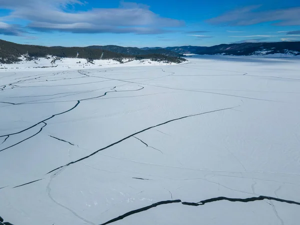 Vista Aerea Invernale Del Serbatoio Batak Coperto Ghiaccio Regione Pazardzhik — Foto Stock