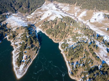 Bulgaristan 'ın Smolyan Bölgesi, buzla kaplı Dospat Baraj Havzası kış manzarası