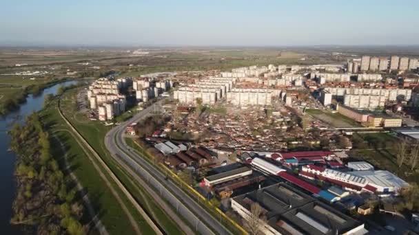 Zonsondergang Luchtfoto Van Wijk Stolipinovo Getto Stad Plovdiv Bulgarije — Stockvideo