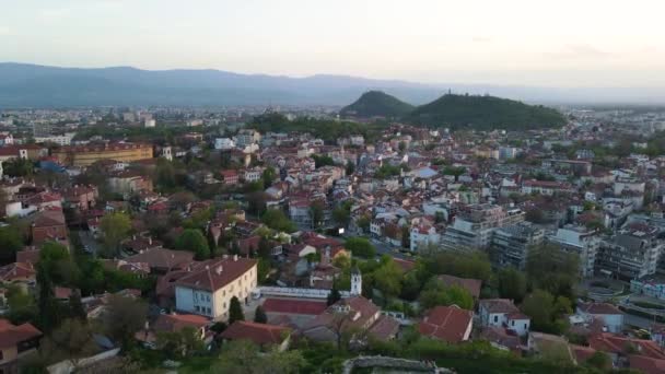 Удивительный Воздушный Вид Закат Холма Небет Тепе Городе Пловдив Болгария — стоковое видео
