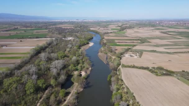 Vista Aérea Del Río Chepelarska Vertiendo Río Maritsa Cerca Ciudad — Vídeos de Stock