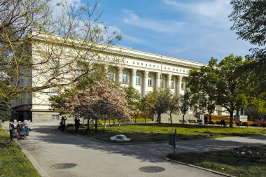 SOFIA, BULGARIA - MAY 1, 2022:  Spring view of National Library Saint Cyril and Saint Methodius in Sofia, Bulgaria