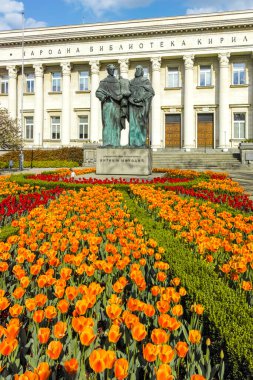 SOFIA, BULGARIA - MAY 1, 2022:  Spring view of National Library Saint Cyril and Saint Methodius in Sofia, Bulgaria