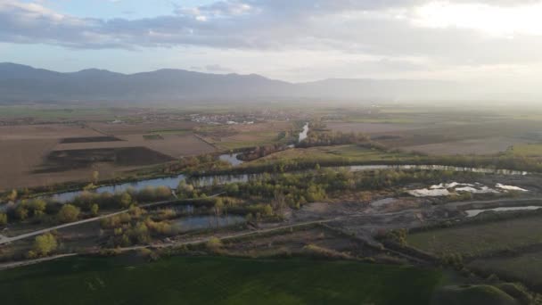 Vista Aérea Del Río Vacha Vertiendo Río Maritsa Cerca Ciudad — Vídeos de Stock