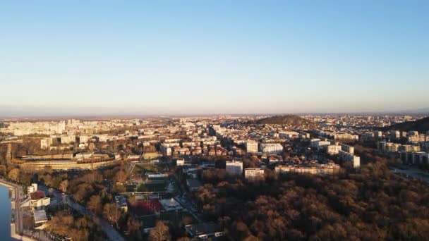 Luchtfoto Zonsondergang Uitzicht Roeien Locatie Stad Plovdiv Bulgarije — Stockvideo