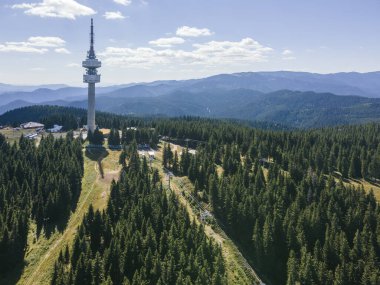 Bulgaristan 'ın Smolyan Bölgesi Pamporovo tatil beldesi yakınlarındaki Rodop Dağlarının hava manzarası