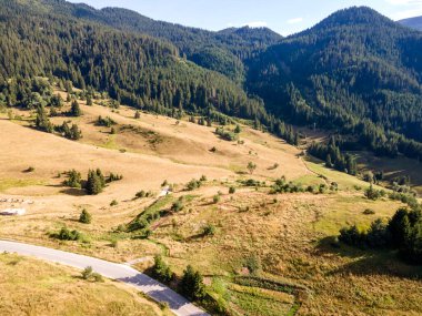 Bulgaristan 'ın Smolyan Bölgesi Pamporovo tatil beldesi yakınlarındaki Rodop Dağları ve Stoykite köyünün hava manzarası