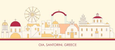 Cartoon Skyline panorama of village of Oia, Santorini, Cyclades Islands, Greece - vector illustration