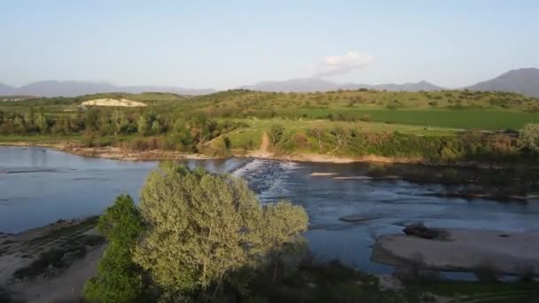Aerial Sunset View Struma River Passing Village Topolnitsa Blagoevgrad Region — стоковое видео
