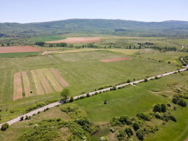 Bulgaristan 'ın Sofya bölgesindeki Godech kasabası yakınlarındaki kırsal arazinin bahar havası manzarası