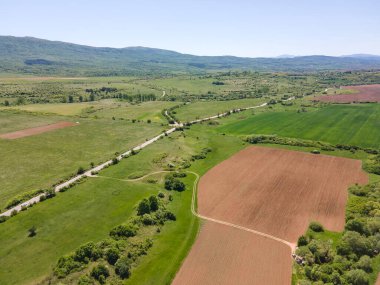 Bulgaristan 'ın Sofya bölgesindeki Godech kasabası yakınlarındaki kırsal arazinin bahar havası manzarası