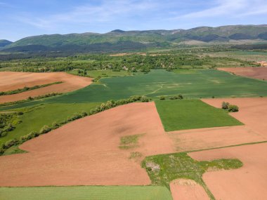 Bulgaristan 'ın Sofya bölgesindeki Godech kasabası yakınlarındaki kırsal arazinin bahar havası manzarası