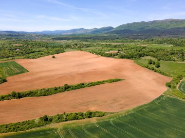 Bulgaristan 'ın Sofya bölgesindeki Godech kasabası yakınlarındaki kırsal arazinin bahar havası manzarası