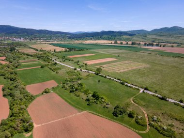 Bulgaristan 'ın Sofya bölgesindeki Godech kasabası yakınlarındaki kırsal arazinin bahar havası manzarası