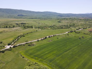 Bulgaristan 'ın Sofya bölgesindeki Godech kasabası yakınlarındaki kırsal arazinin bahar havası manzarası
