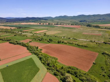 Bulgaristan 'ın Sofya bölgesindeki Godech kasabası yakınlarındaki kırsal arazinin bahar havası manzarası
