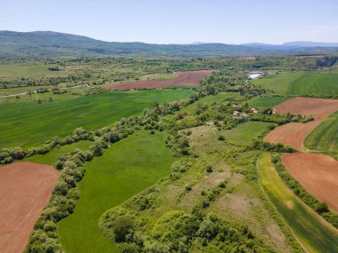 Bulgaristan 'ın Sofya bölgesindeki Godech kasabası yakınlarındaki kırsal arazinin bahar havası manzarası