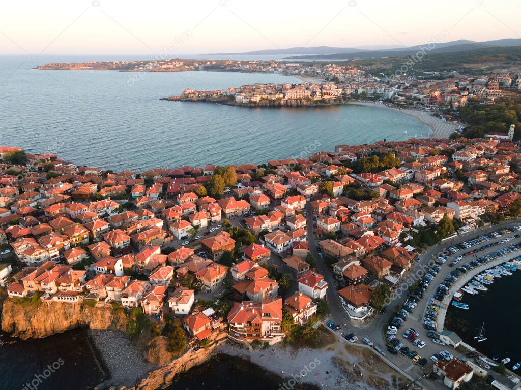 Aerial sunset view of old town of Sozopol, Burgas Region, Bulgaria