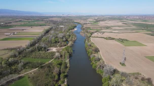 Vista Aérea Del Río Chepelarska Vertiendo Río Maritsa Cerca Ciudad — Vídeos de Stock