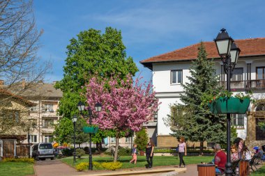 TRYAVNA, BULGARIA - 3 Mayıs 2021: Bulgaristan 'ın Gabrovo bölgesindeki Tryavna kasabasının merkezindeki tipik sokak