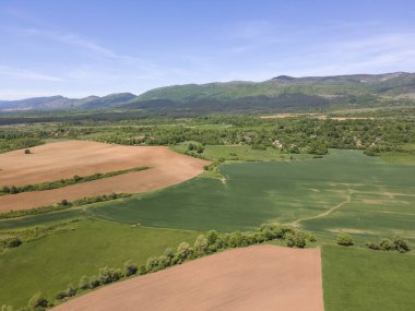 Bulgaristan 'ın Sofya bölgesindeki Godech kasabası yakınlarındaki kırsal arazinin bahar havası manzarası