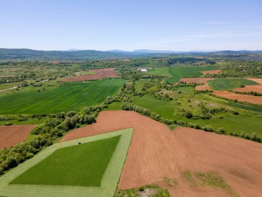 Bulgaristan 'ın Sofya bölgesindeki Godech kasabası yakınlarındaki kırsal arazinin bahar havası manzarası