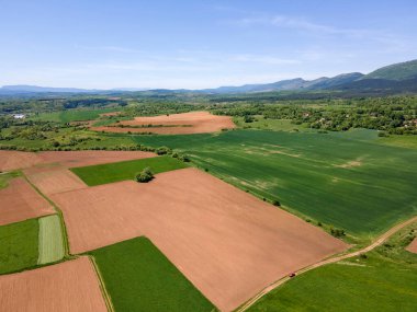 Bulgaristan 'ın Sofya bölgesindeki Godech kasabası yakınlarındaki kırsal arazinin bahar havası manzarası