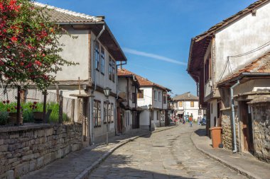 TRYAVNA, BULGARIA - 1 Mayıs 2021: Bulgaristan 'ın eski Tryavna kentindeki Tipik sokak ve Ninetenth Century Evleri