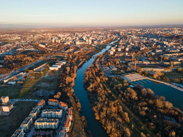 Aerial sunset view of Rowing Venue in city of Plovdiv, Bulgaria