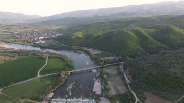 Aerial Sunset View Struma River Passing Village Topolnitsa Blagoevgrad Region — Vídeos de Stock