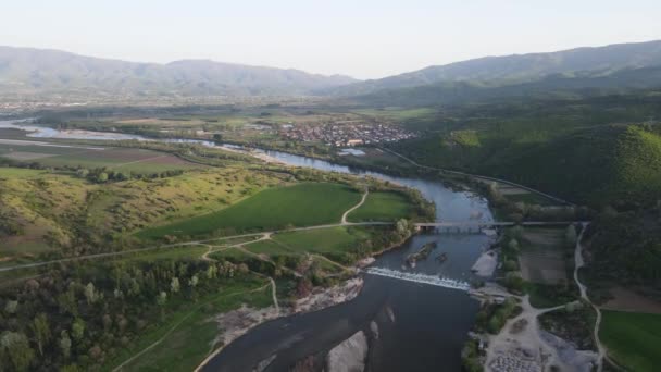 Letecký Pohled Západ Slunce Řeku Struma Protékající Poblíž Vesnice Topolnitsa — Stock video